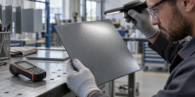 Quality inspection of a painted metal panel under lighting; illustrative image