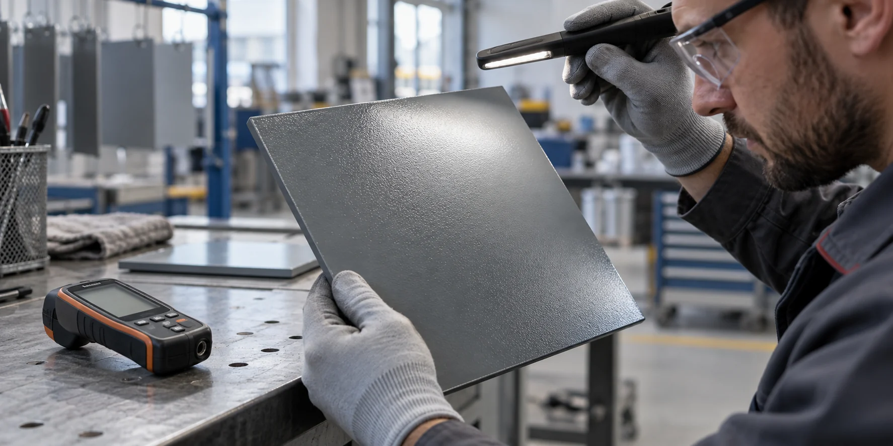 Quality inspection of a painted metal panel under lighting; illustrative image