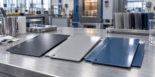 Painted metal samples with different surface properties on a laboratory bench; illustrative image