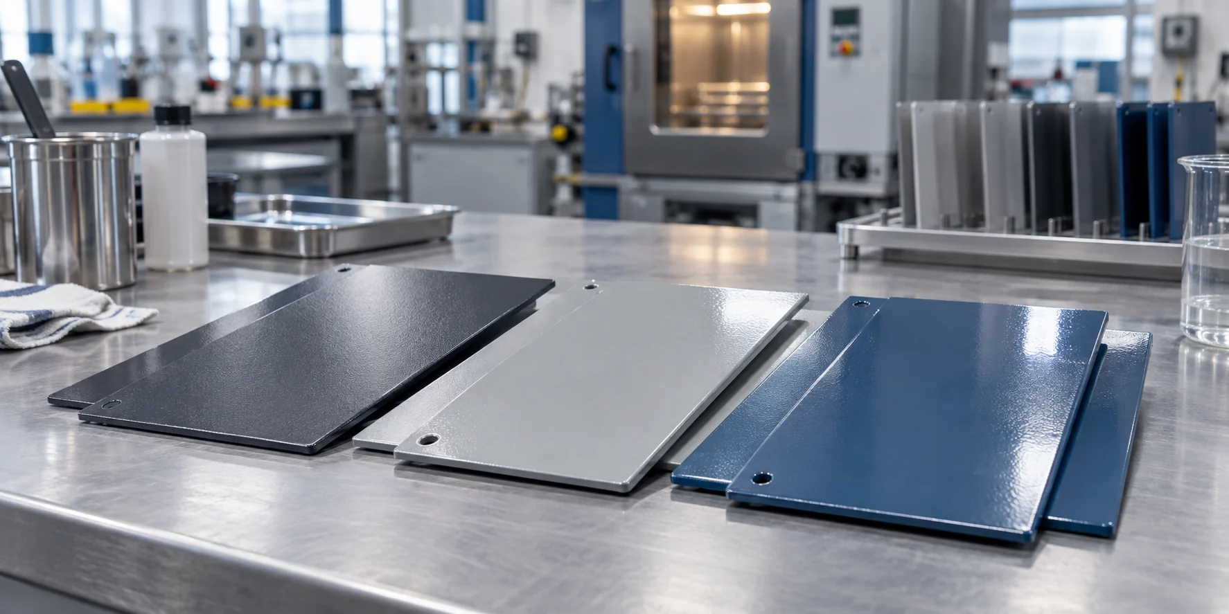 Painted metal samples with different surface properties on a laboratory bench; illustrative image