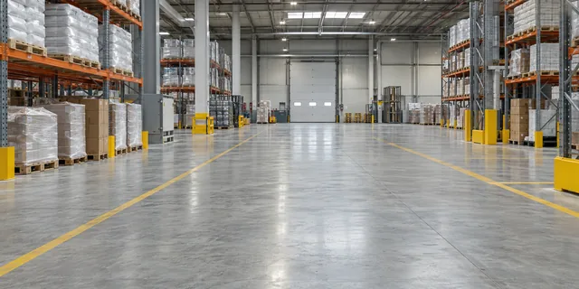 Grey coated floor and traffic markings in a racked industrial warehouse; illustrative image