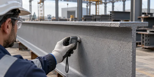 Inspection of a blast-cleaned steel surface with a measuring instrument; illustrative image