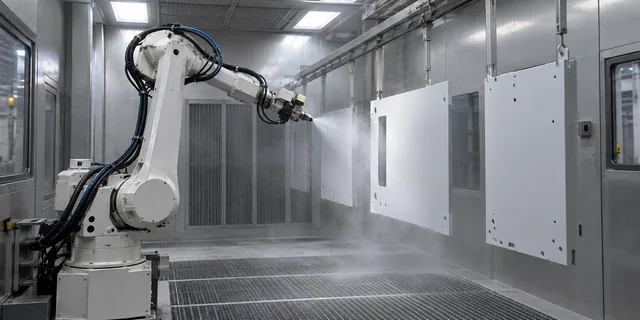 Automated application system painting metal panels in an enclosed spray booth; illustrative image