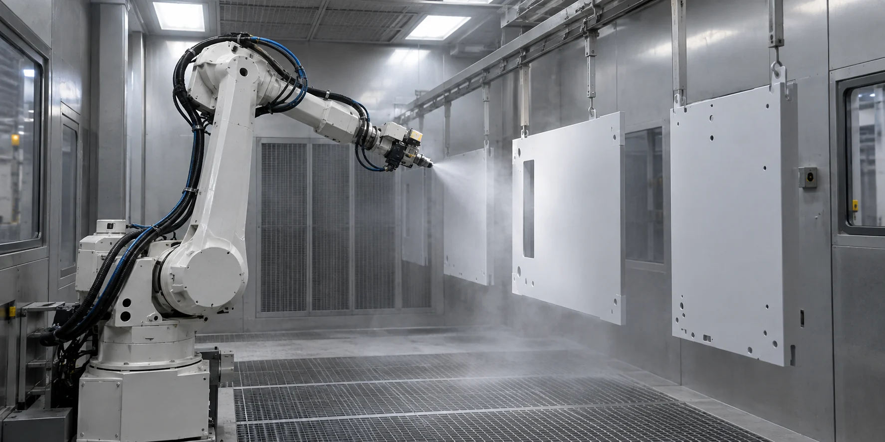 Automated application system painting metal panels in an enclosed spray booth; illustrative image
