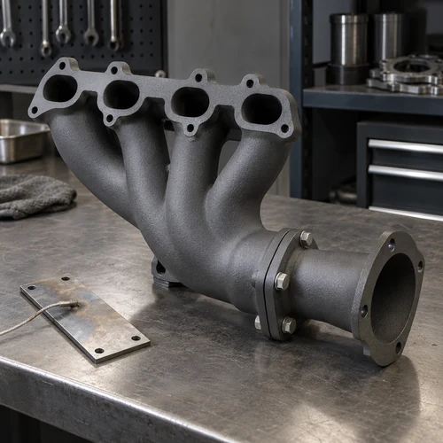 Isıya Dayanıklı Boya, koyu renkli egzoz manifoldu, mat metal kaplama, tezgah üzerinde motor parçası, flanş bağlantısı, metal boru kıvrımları, soğuk ekipman örneği, ısıl servis parçası, teknik numune kuponu, sıcaklık sensörü detayı, atölye inceleme alanı, kaplanmış manifold yüzeyi, bağlantı deliği, kömür grisi bitiş, endüstriyel parça fotoğrafı
