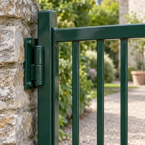 Sentetik Boya, koyu yeşil metal kapı, boyalı çelik yüzey, kapı menteşesi, bahçe duvarı, taş duvar dokusu, dış mekan metal bitişi, kapı profil detayı, yeşil boya görünümü, doğal bahçe ışığı, metal bakım örneği, çelik çerçeve, dekoratif kapı yüzeyi, boyalı bağlantı elemanı, bahçe giriş detayı