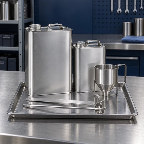 Tiner, kapalı metal solvent kapları, büyük metal bidon, küçük metal kutu, boş viskozite kabı, metal karıştırma araçları, paslanmaz çalışma tepsisi, boya hazırlık tezgahı, kapalı vidalı kapak, metal taşıma kulpu, düzenli endüstriyel ekipman, temiz çalışma yüzeyi, lacivert atölye fonu, ölçüm hazırlık araçları, solvent ambalajı örneği