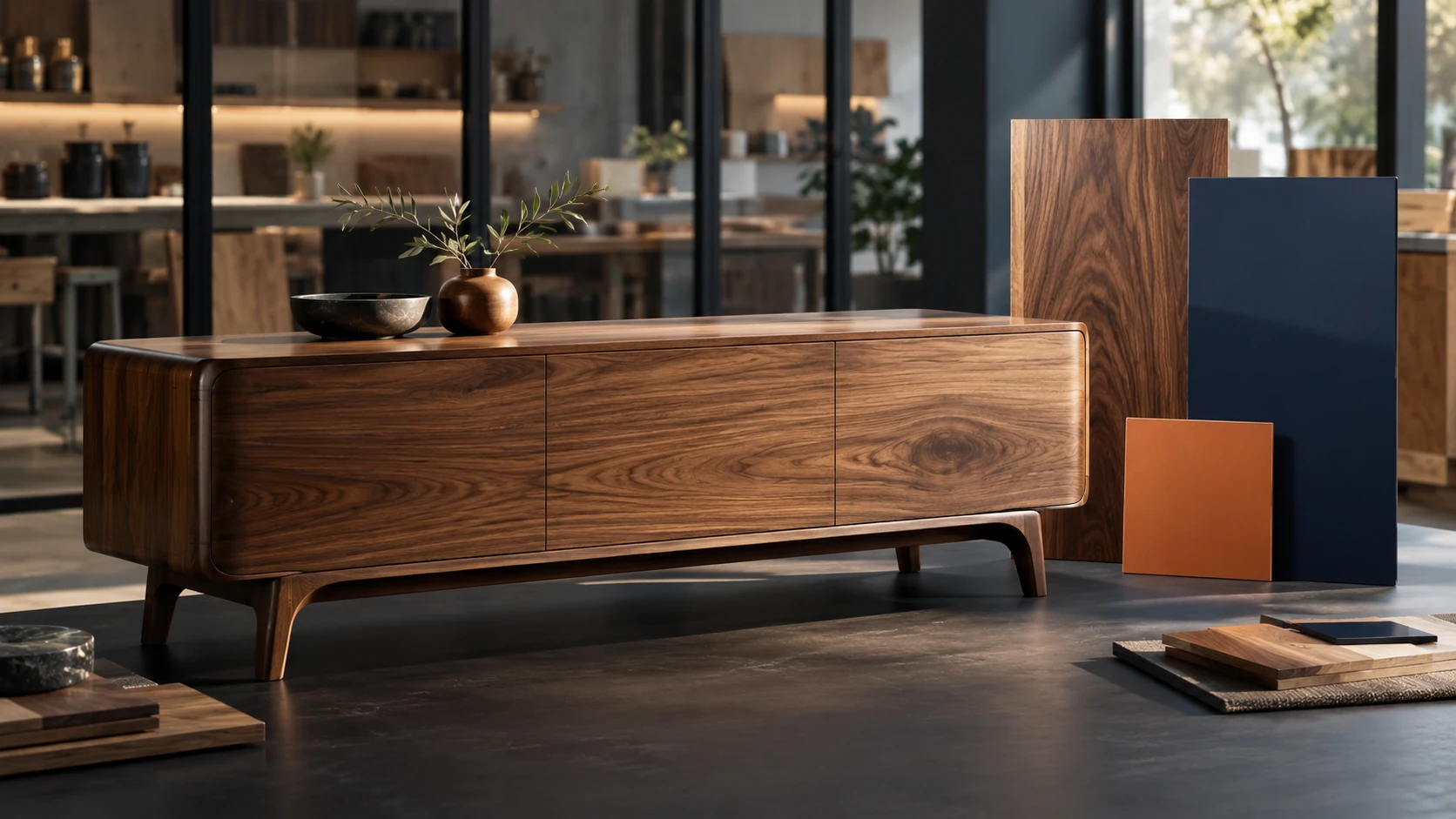 Varnished walnut furniture and decorative finish samples