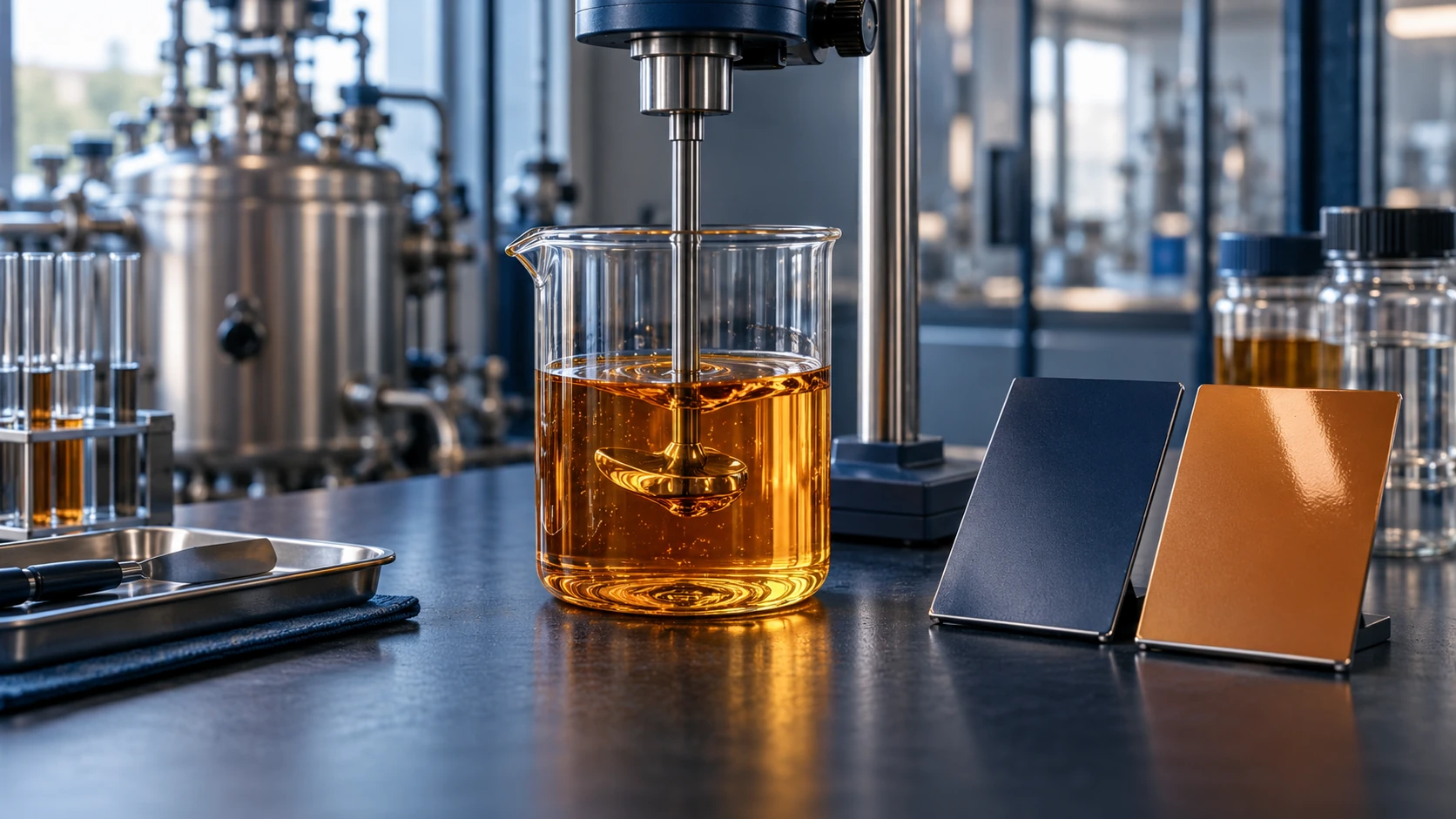 Alkyd resin sample and coated test panels in a laboratory