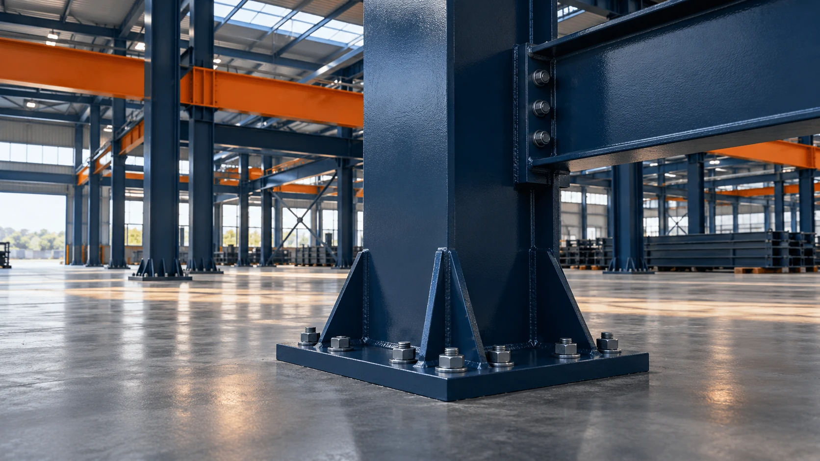 Steel structure with navy and orange protective coatings