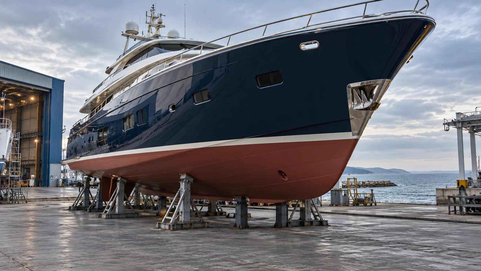 Yacht hull with navy and red protective coatings in a dry dock