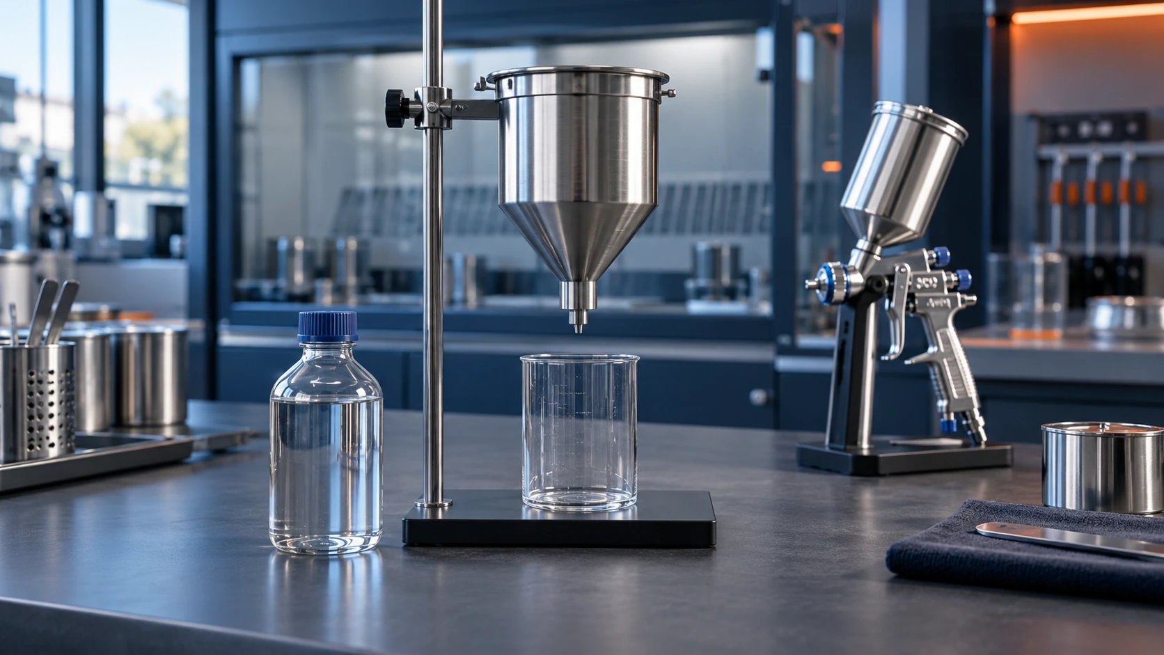 Viscosity measurement and application equipment in a coatings laboratory