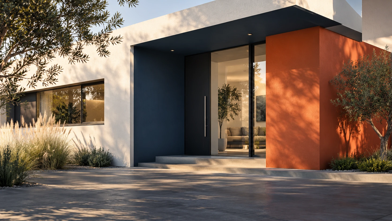 Modern building facade with white, navy and orange painted surfaces