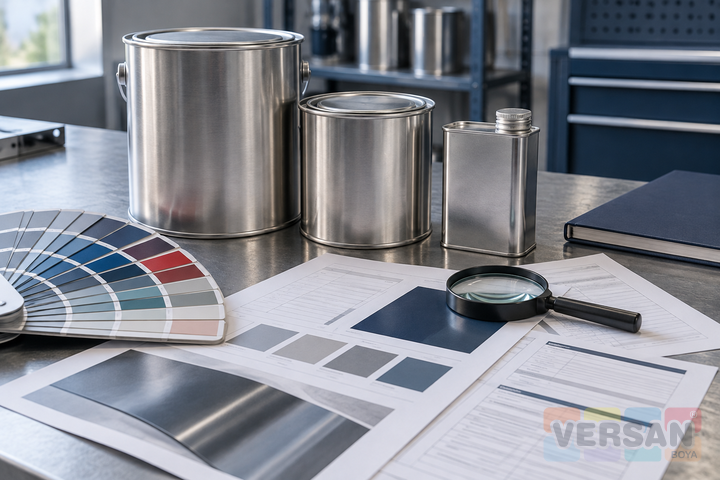 Kapalı metal boya ve tiner ambalajları yanında renk kartelası ve teknik belge dosyası