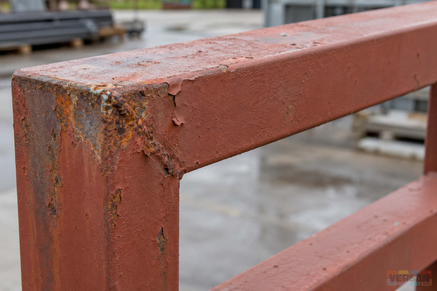 Sound red-brown primer, lifted edges and local rusty patches on an aged coated steel profile