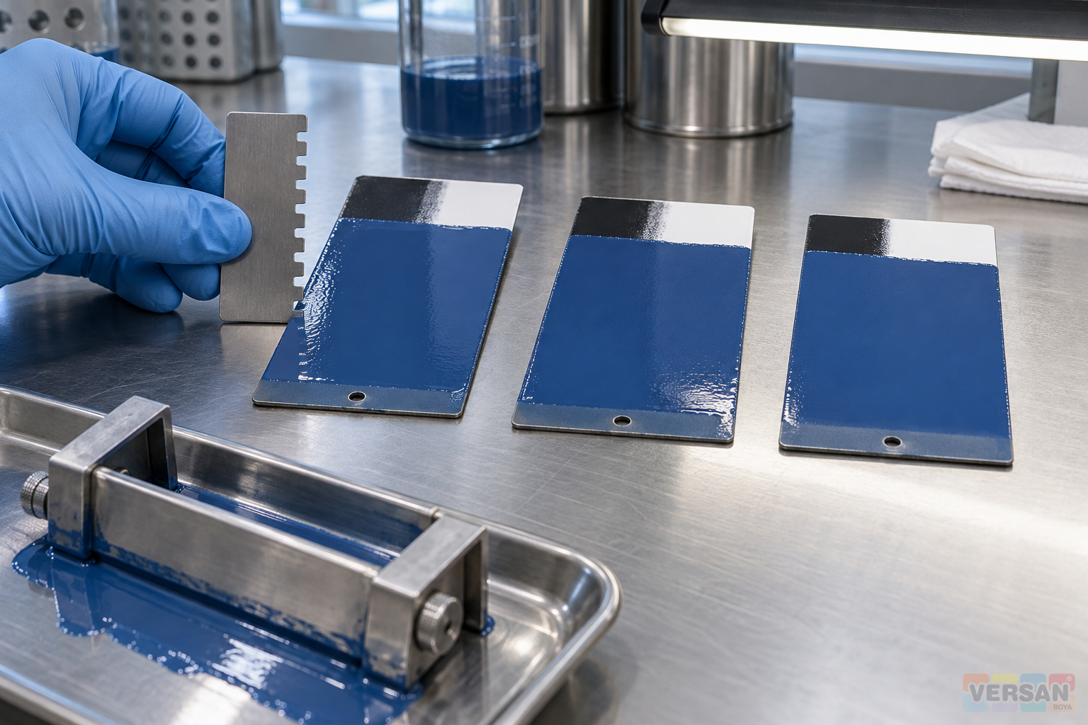 Three blue coated contrast samples with a film comb and a drawdown applicator on a workbench