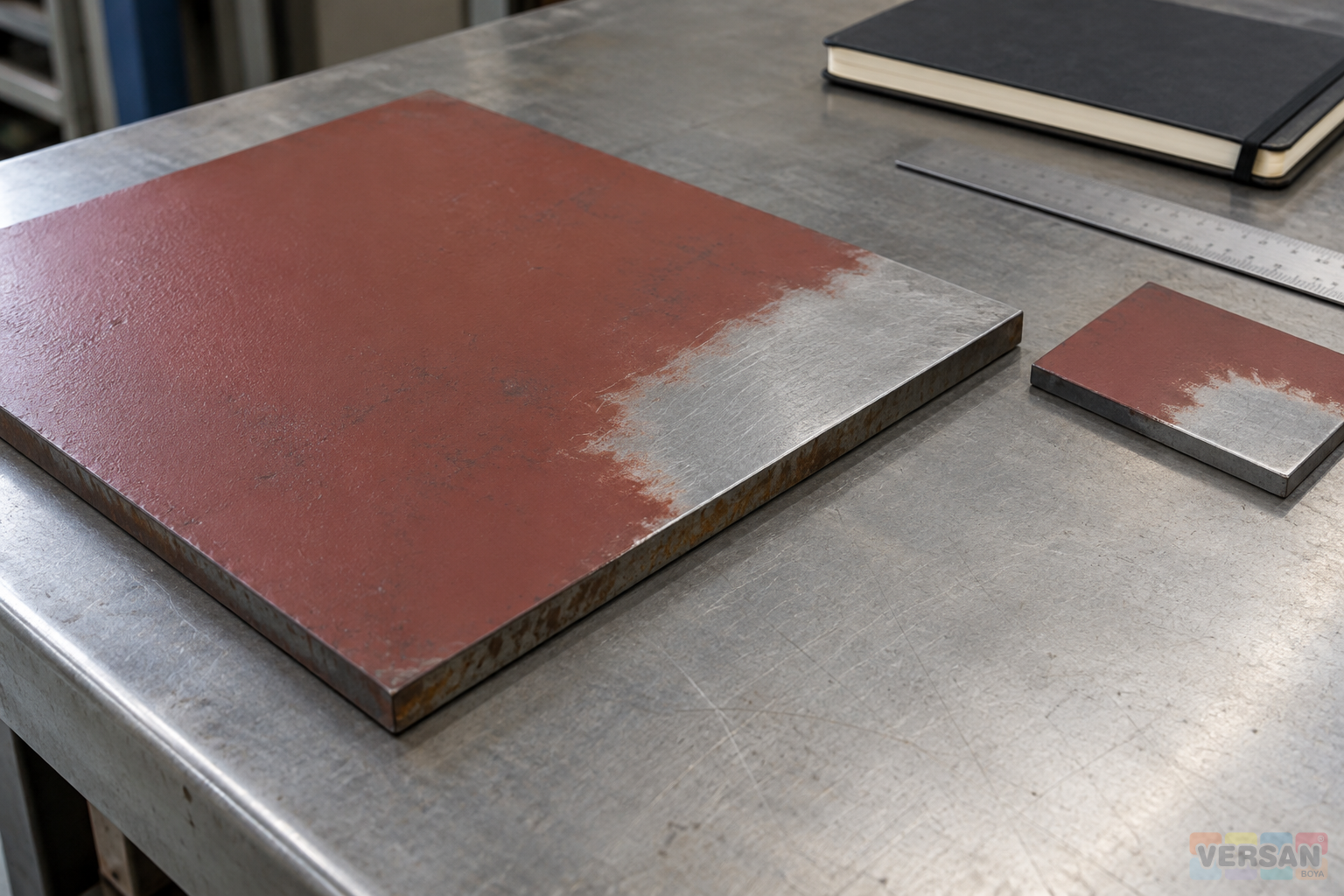 A primed steel plate with retained coating and a prepared repair boundary beside a separate trial plate