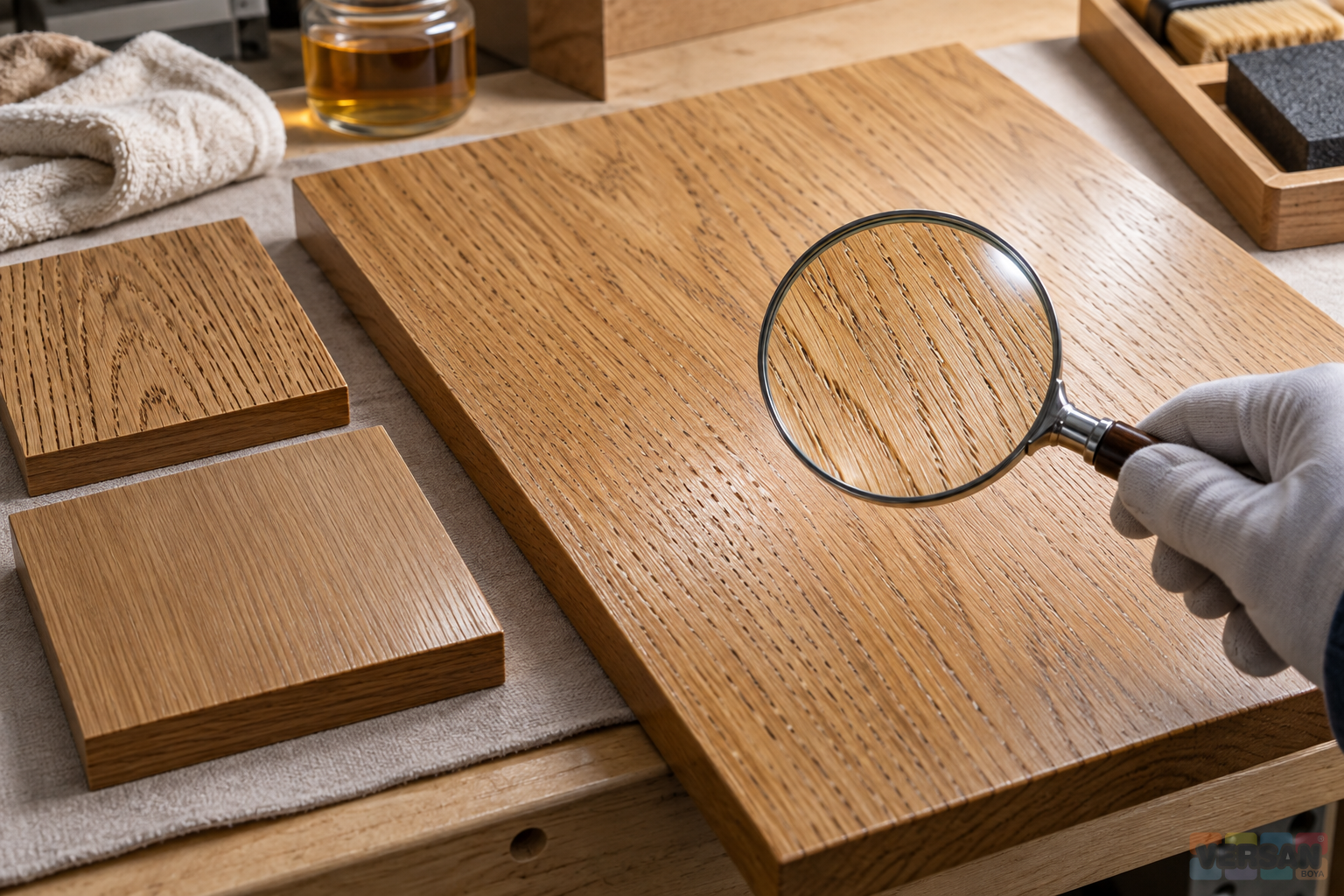 Magnifying glass inspecting an oak panel beside wood samples with different pore appearance