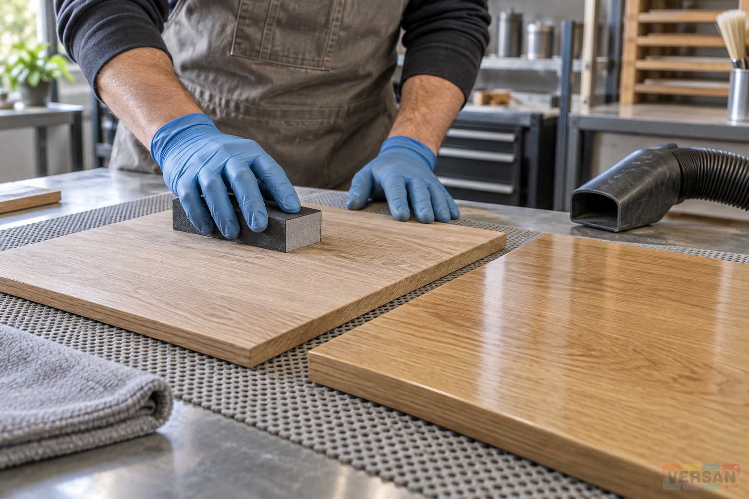 Hand sanding an oak panel with a sanding block beside a clear coated sample
