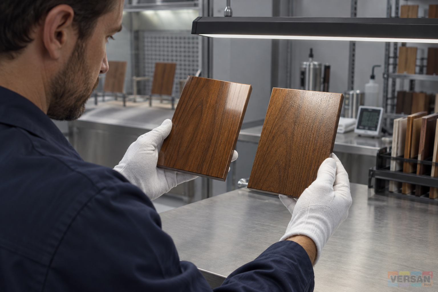 Comparing two coated wood samples with different surface smoothness under a linear inspection light