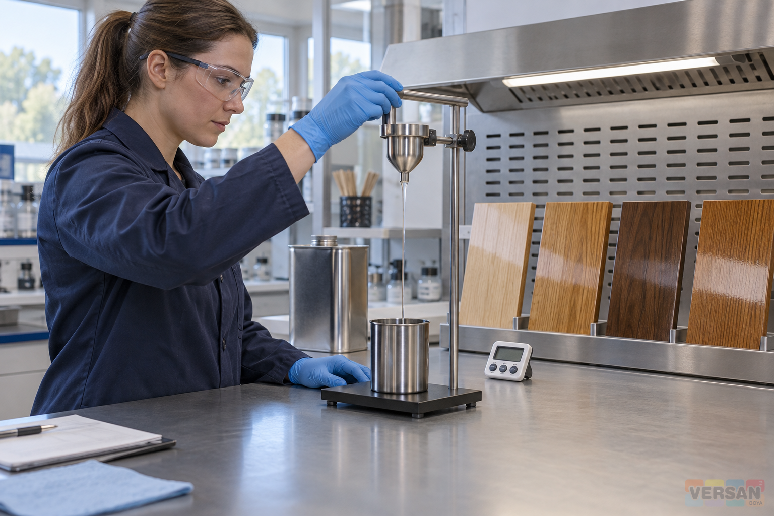 Laboratory technician checking coating viscosity with a flow cup at a ventilated workbench