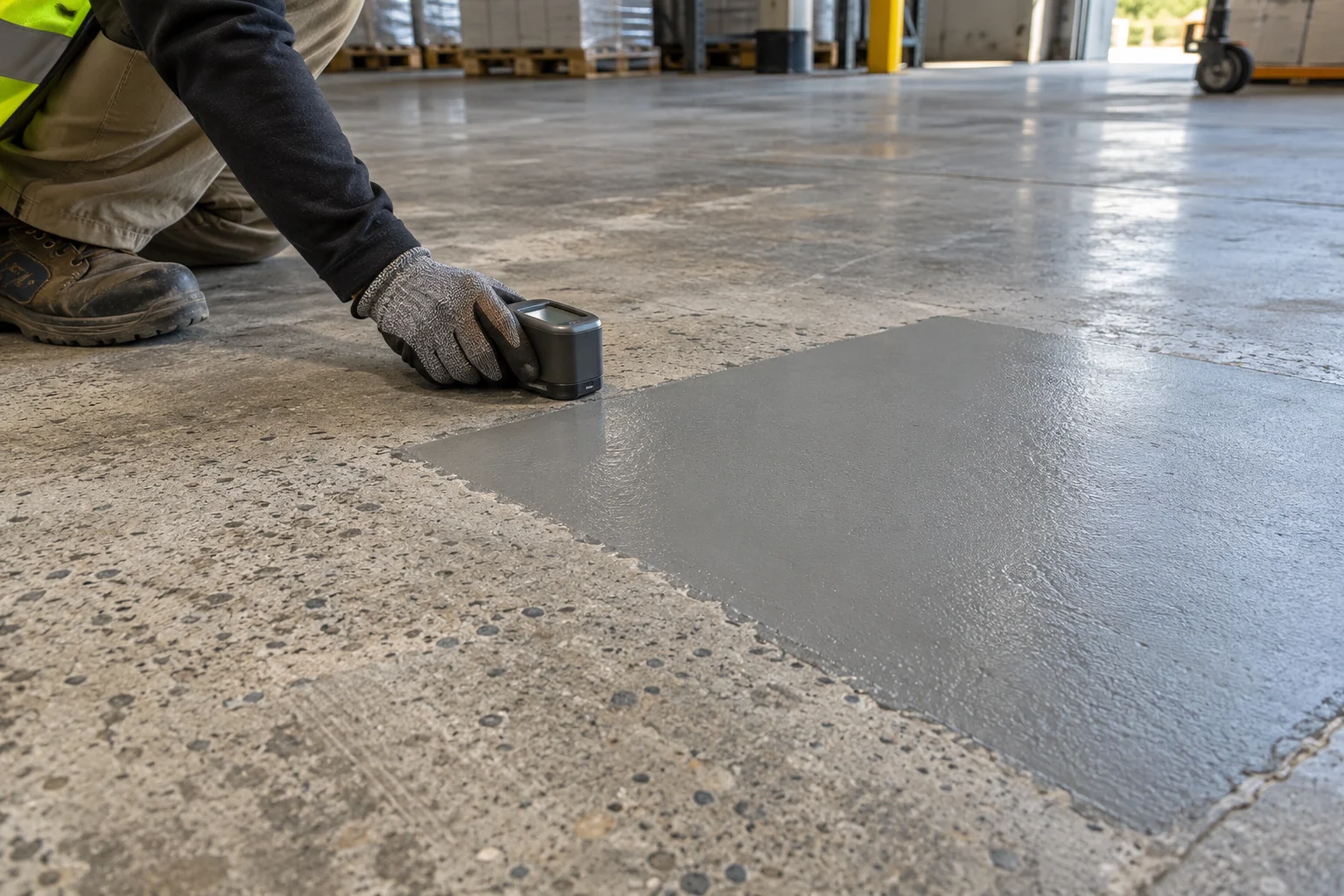 Hazırlanmış beton zemindeki gri epoksi deneme alanını kontrol eden teknisyen