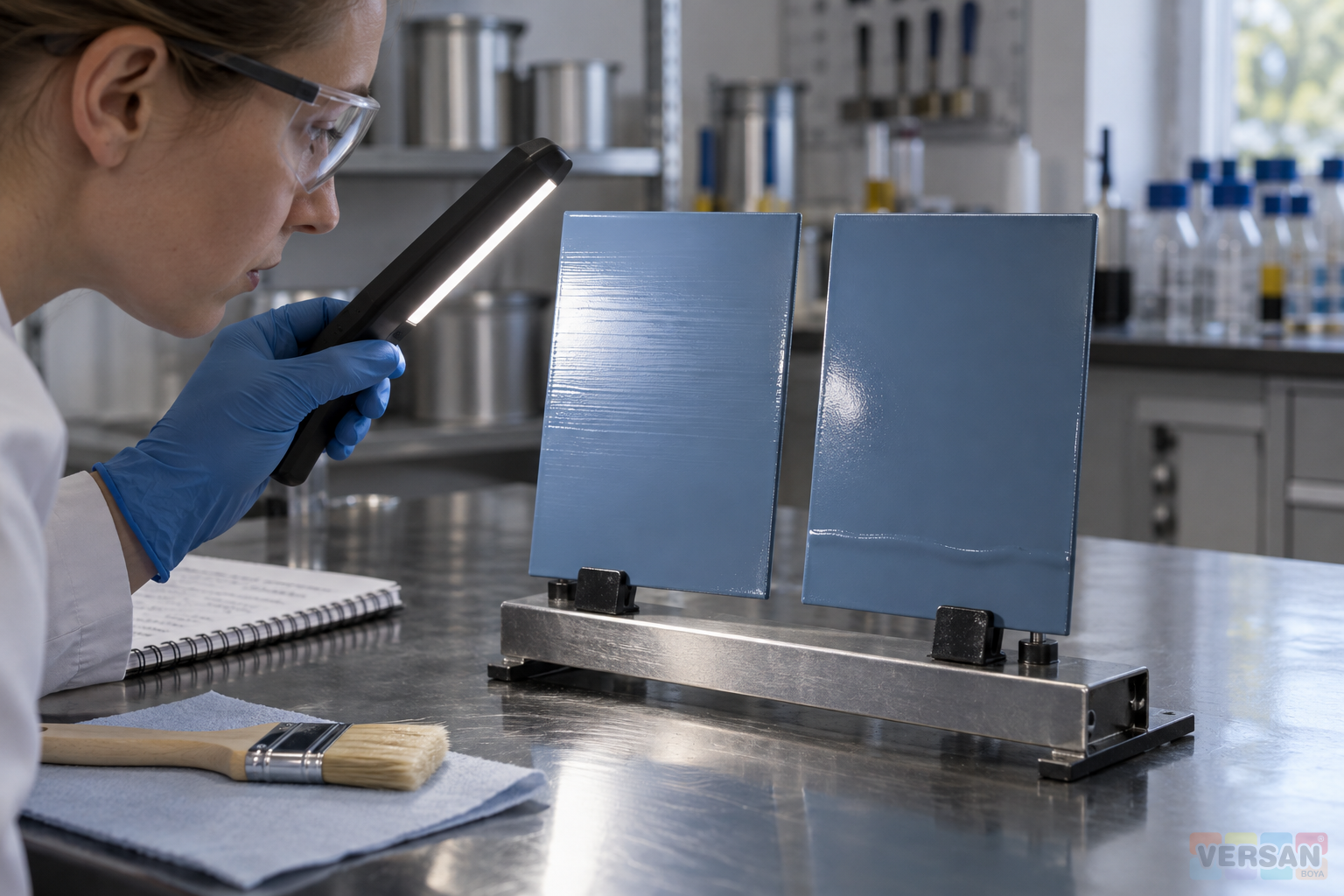 Inspecting brush marks and a local sag on two blue metal panels under a linear inspection light