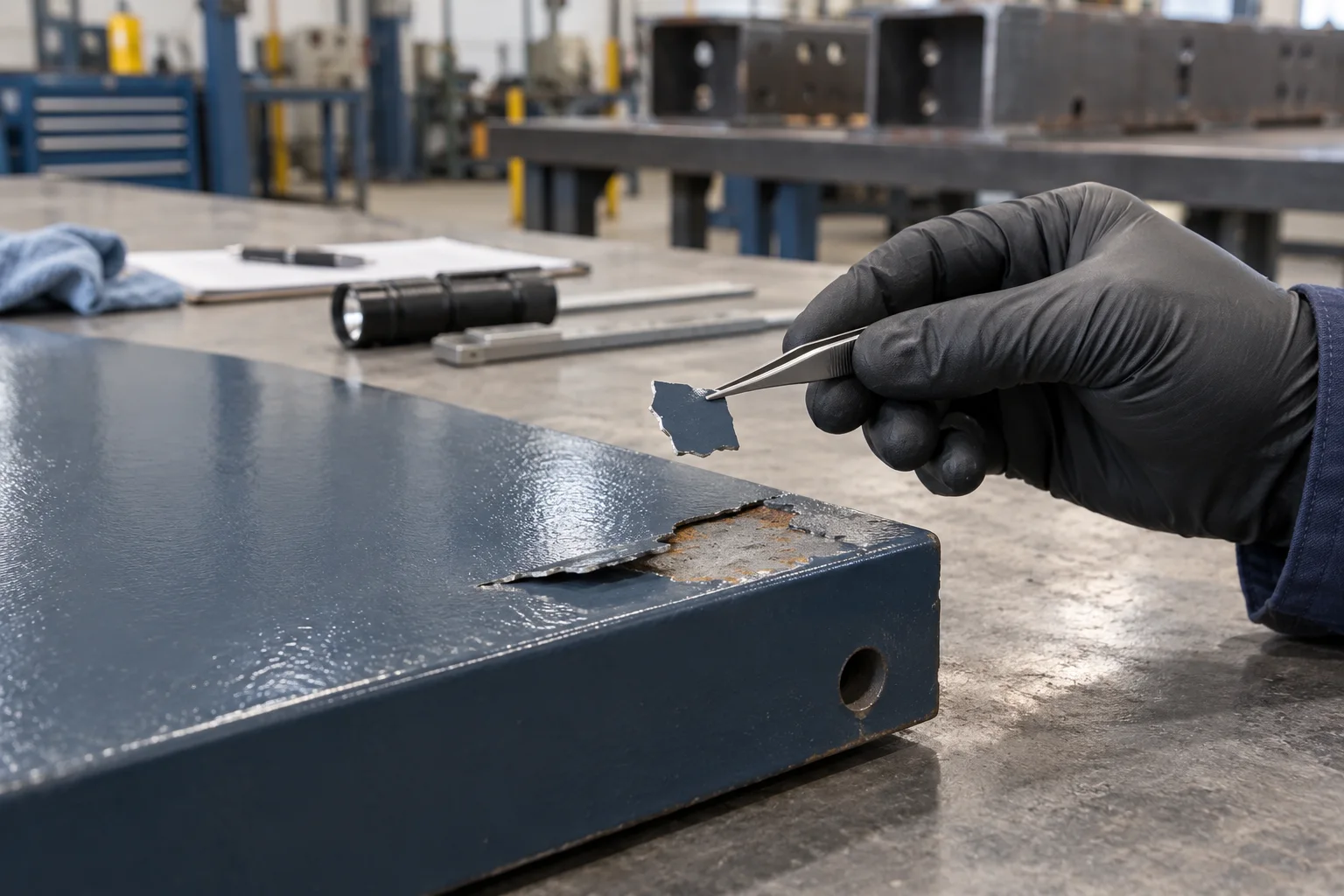 A coating fragment collected from a locally detached epoxy finish on a steel surface