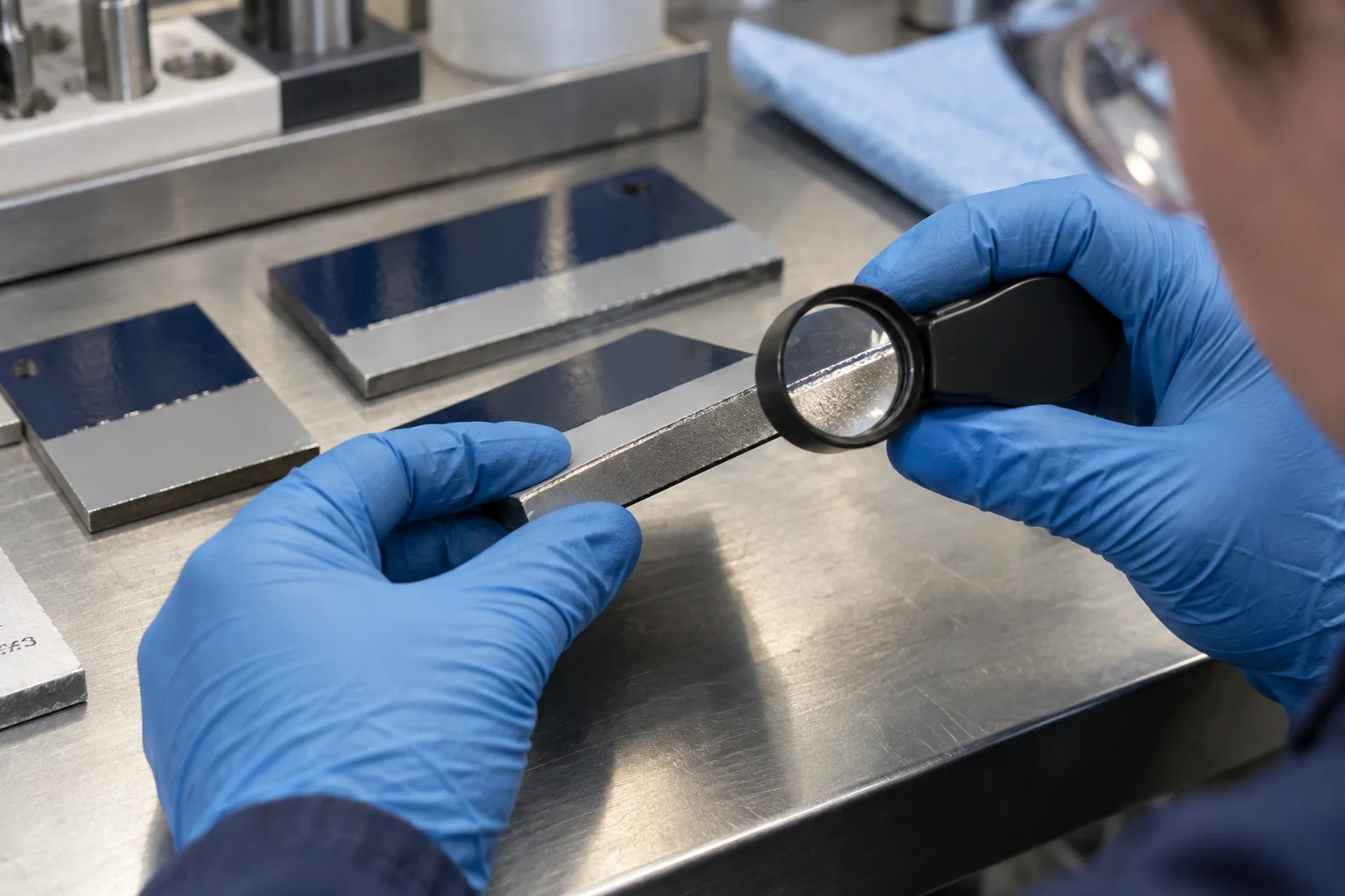 Inspection of a coated steel sample edge with a handheld magnifier