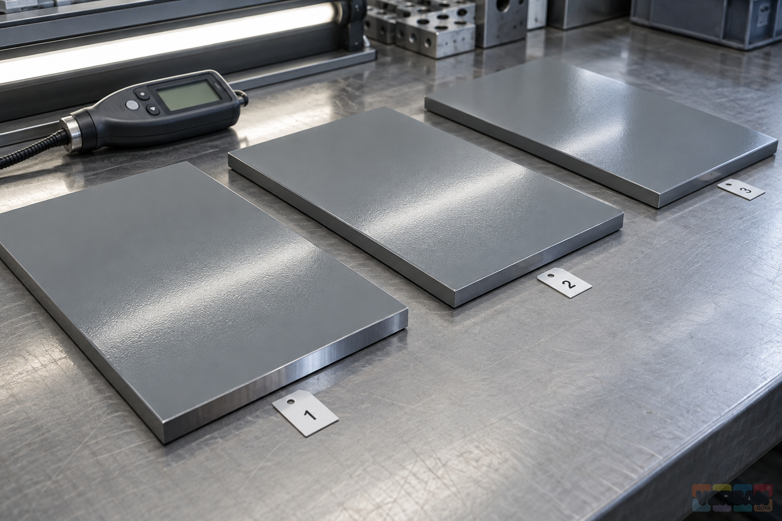 Grey epoxy-coated steel trial panels inspected under linear lighting