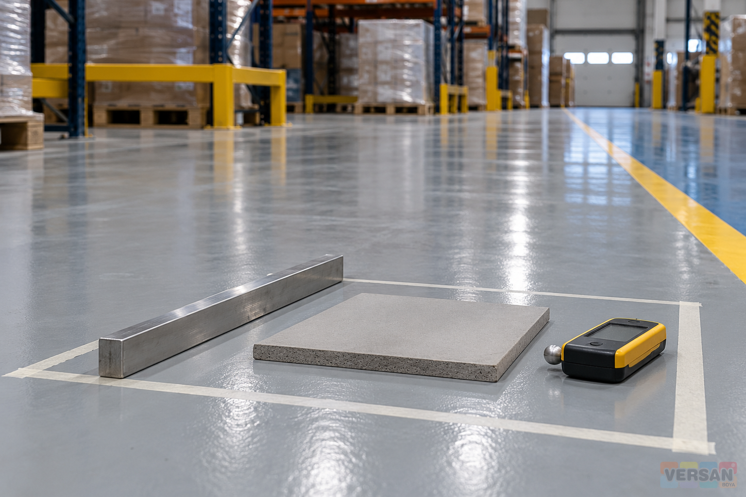 Marked warehouse floor inspection area with a short straightedge, sample and inspection device