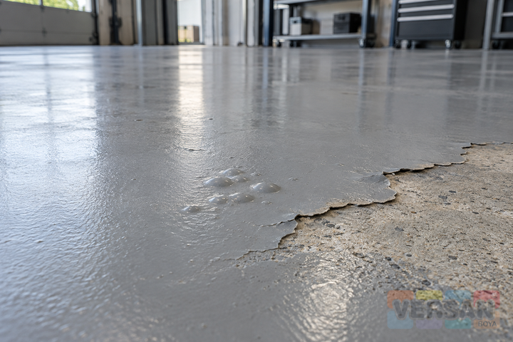 Gri epoksi kaplı beton zeminde küçük kabarcıklar ve betonu açığa çıkaran soyulma kenarı