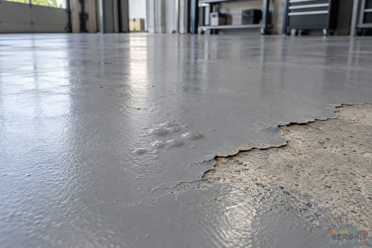 Small blisters and a peeling edge exposing concrete in a grey epoxy-coated floor