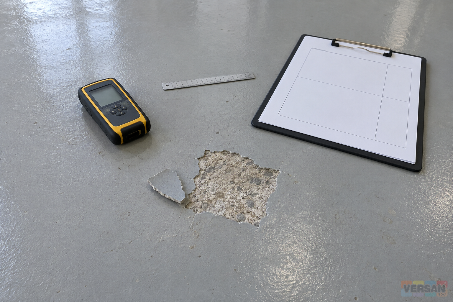 A concrete floor inspection patch beside a survey meter, ruler and recording clipboard