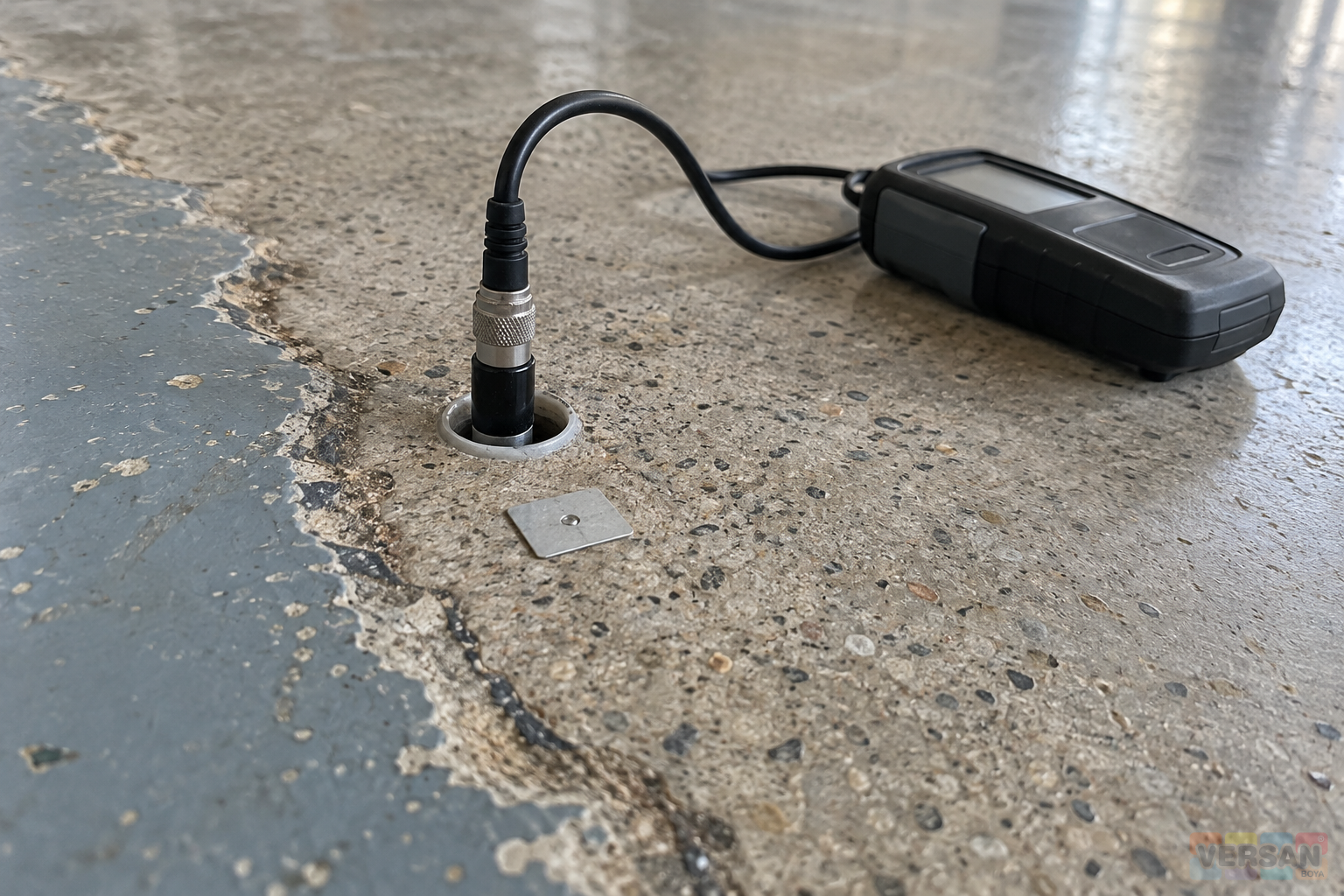 Close view of an in-situ concrete relative humidity sensor and a nearby existing coating edge
