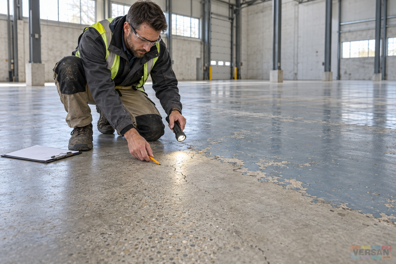 Site specialist inspecting cracks and existing coating boundaries on an industrial concrete floor