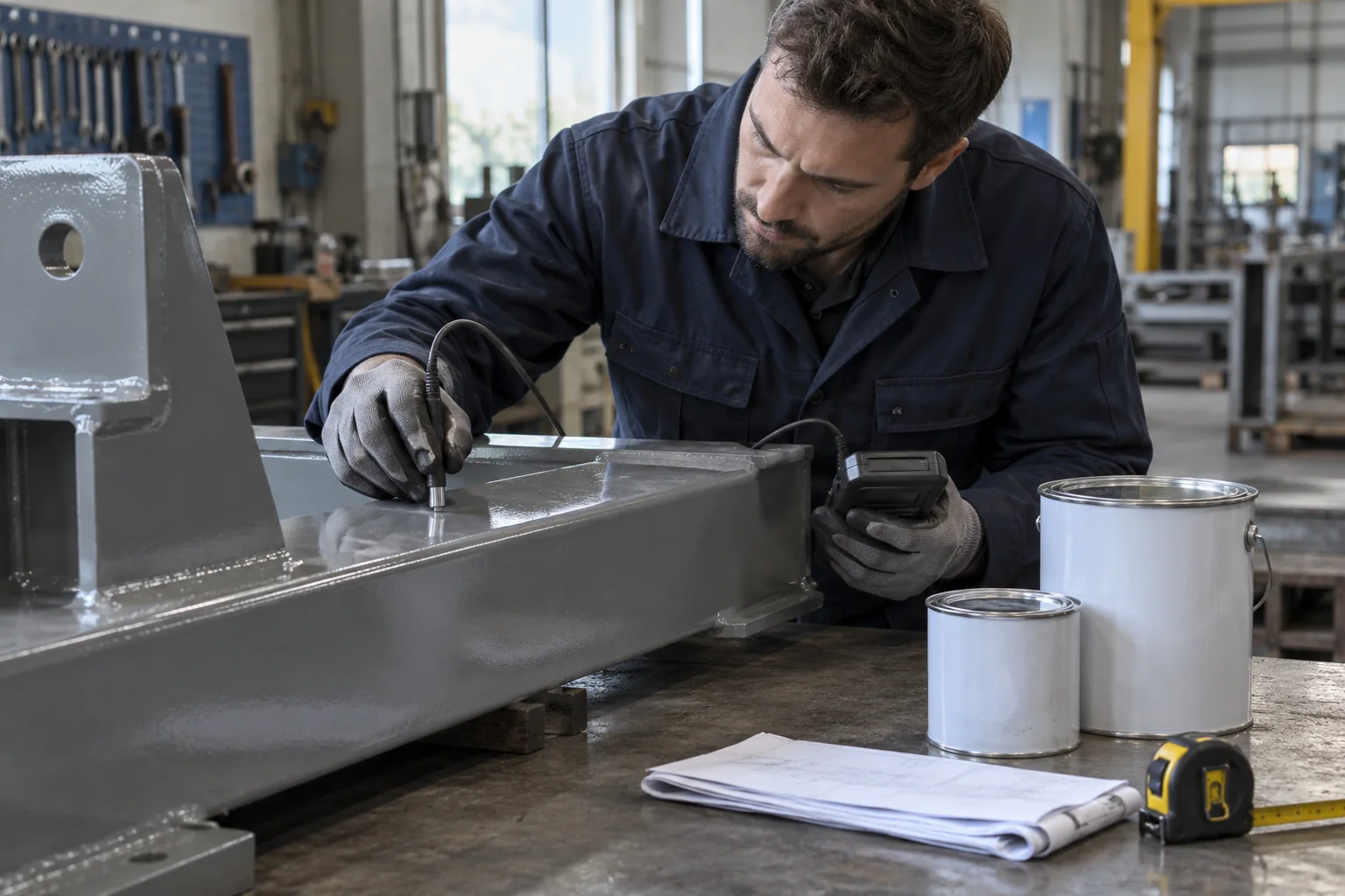 Technician checking film thickness on an epoxy-coated steel fabrication beside two-component coating containers