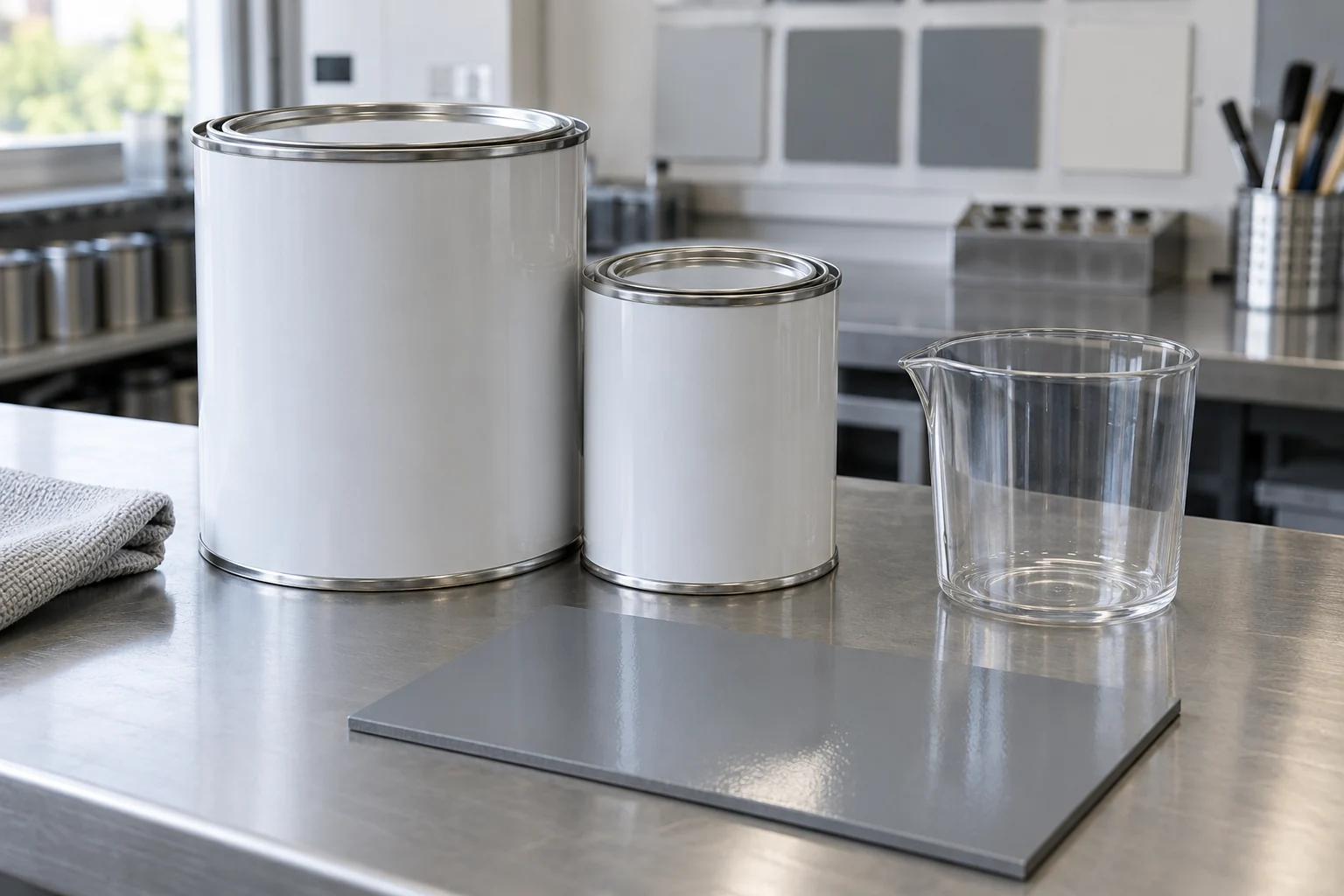 Unlabelled matched paint containers and a coated steel sample representing two-component packaging