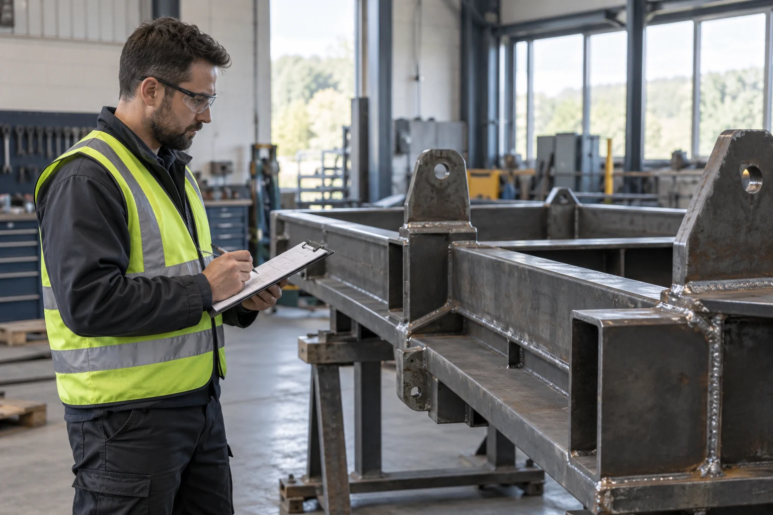 Engineer reviewing a steel fabrication before preparing an industrial coating enquiry