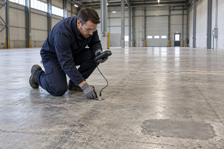 Eski beton depo zemininde gömülü ölçüm noktası ve el cihazıyla inceleme yapan teknisyen