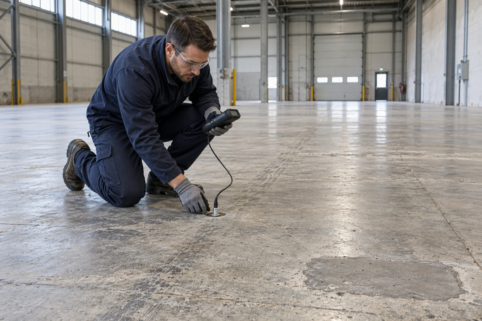 Eski beton depo zemininde gömülü ölçüm noktası ve el cihazıyla inceleme yapan teknisyen