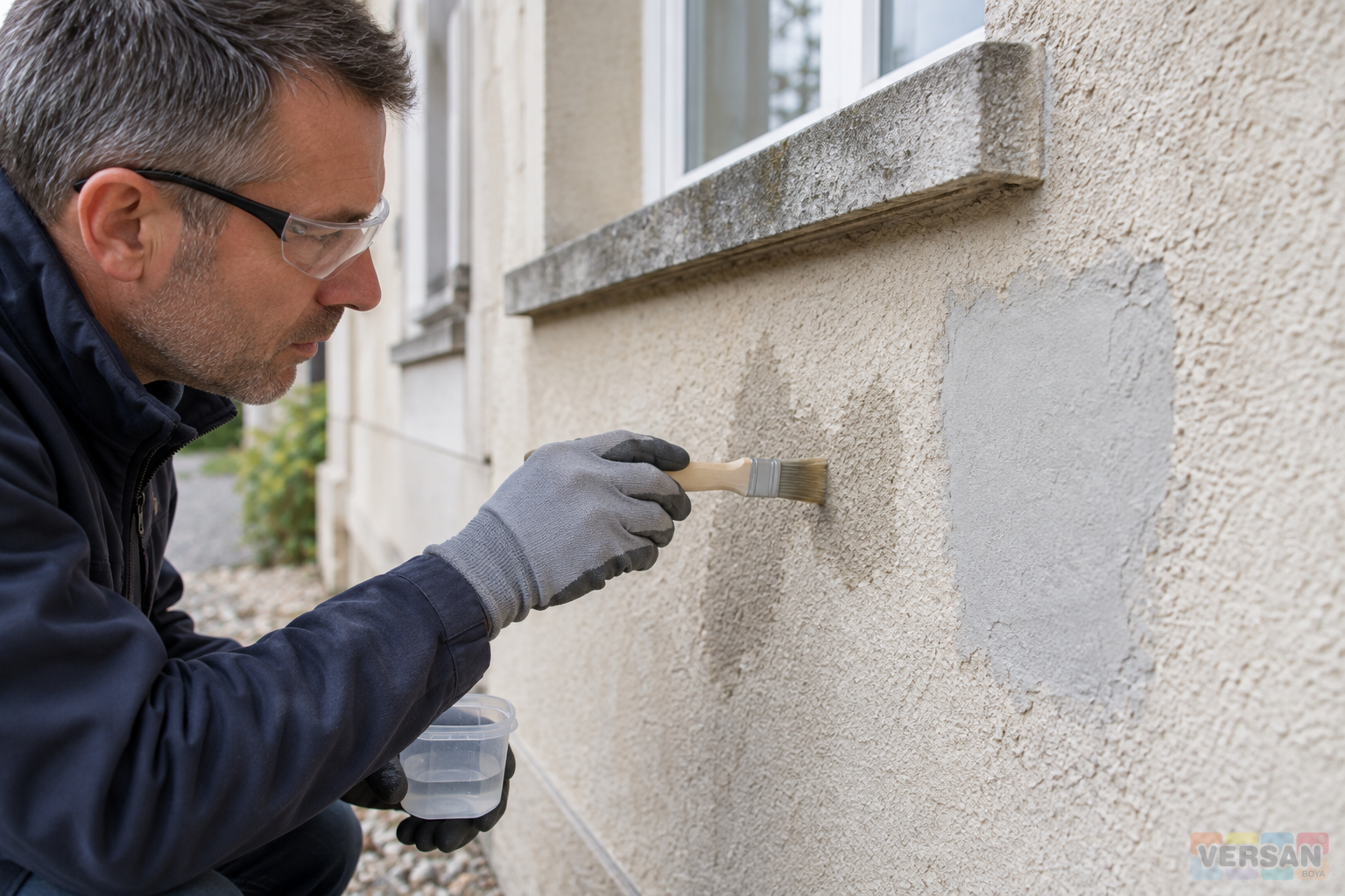 Professional inspecting an old beige facade beside a grey repair patch using a small brush and water container