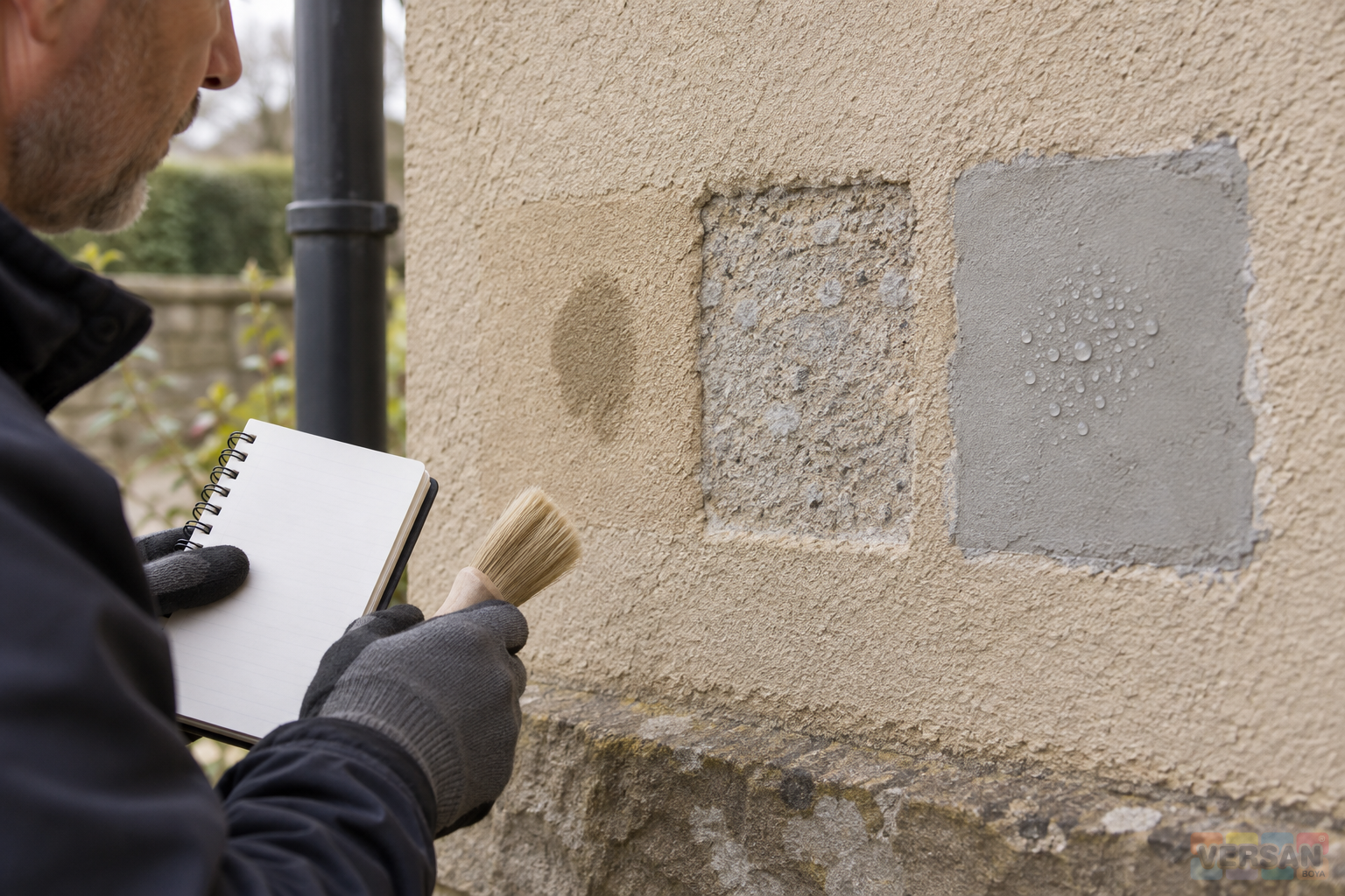 Close inspection of different wetting patterns on old paint, exposed mineral substrate and a grey repair patch
