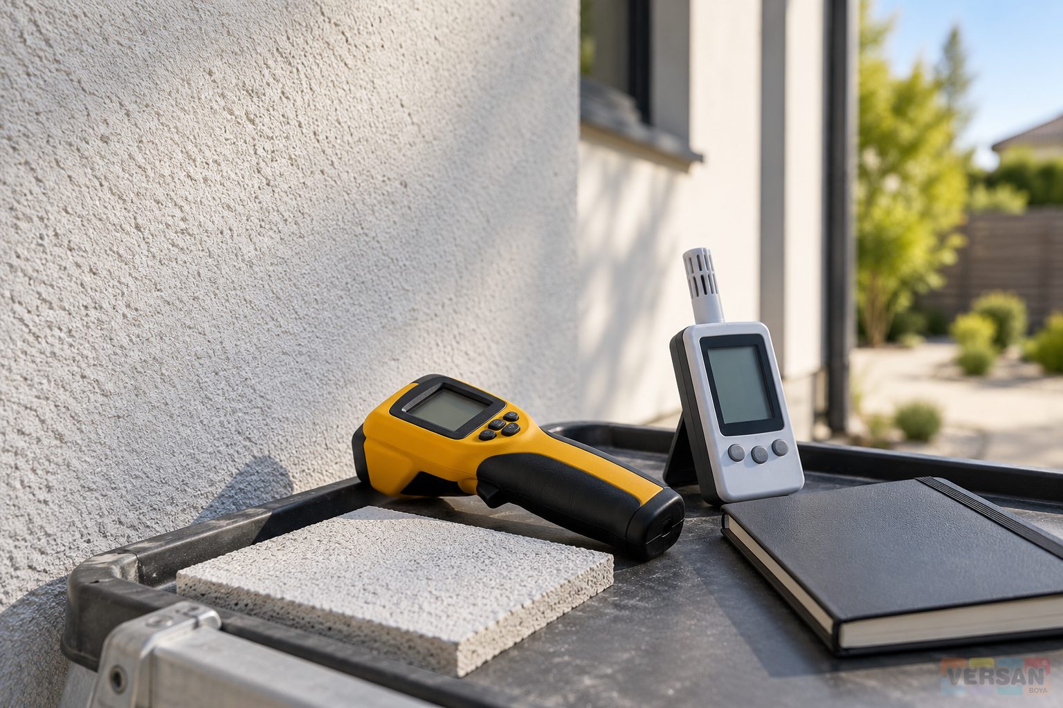 Temperature and humidity inspection equipment positioned beside a shaded rendered facade