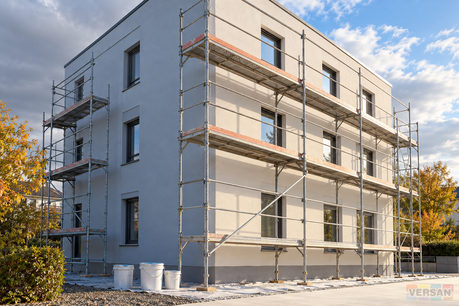 Light coloured facade accessed by scaffolding before painting under a variable cloudy sky