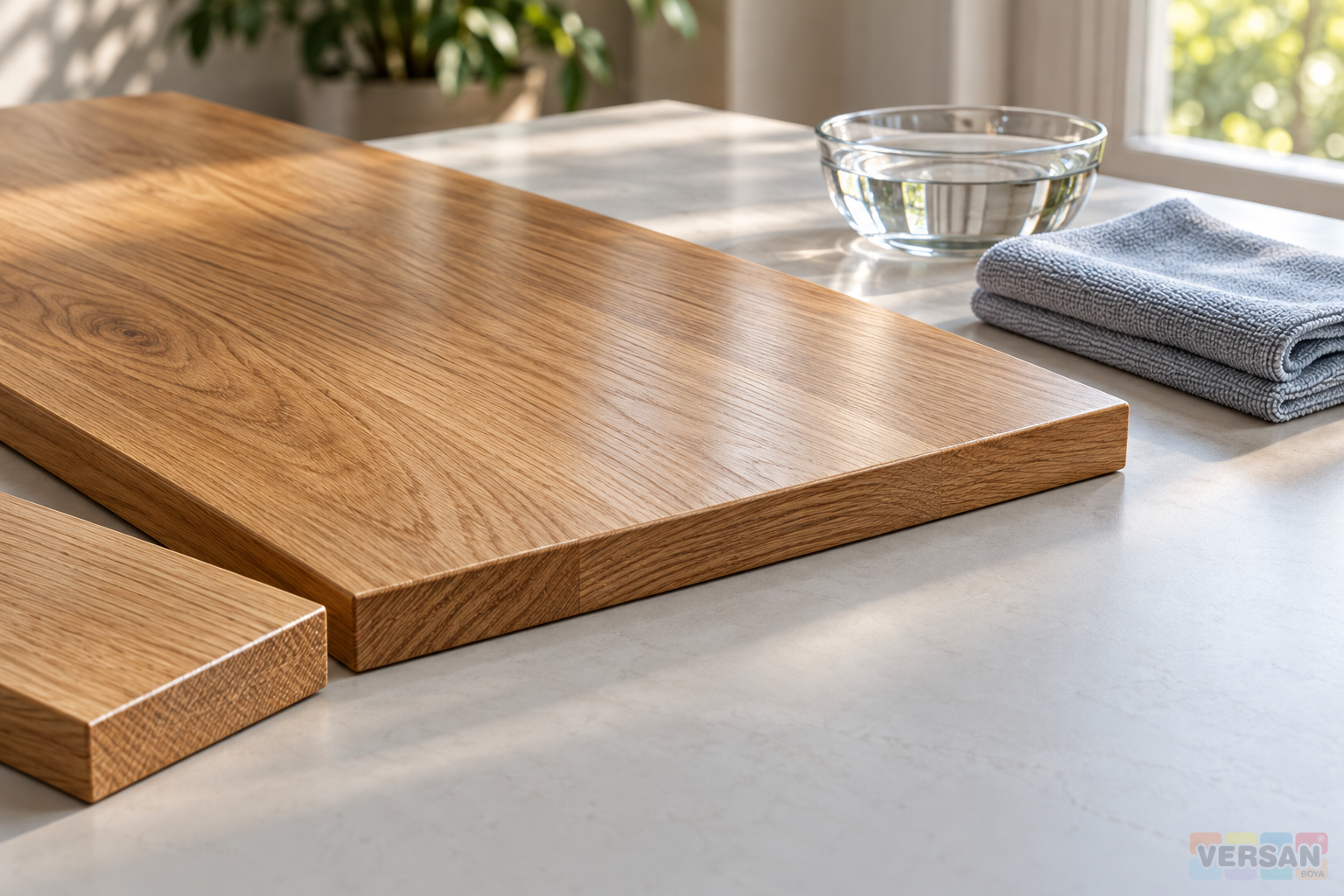 Microfiber cloth, water bowl and wood sample beside a varnished oak surface