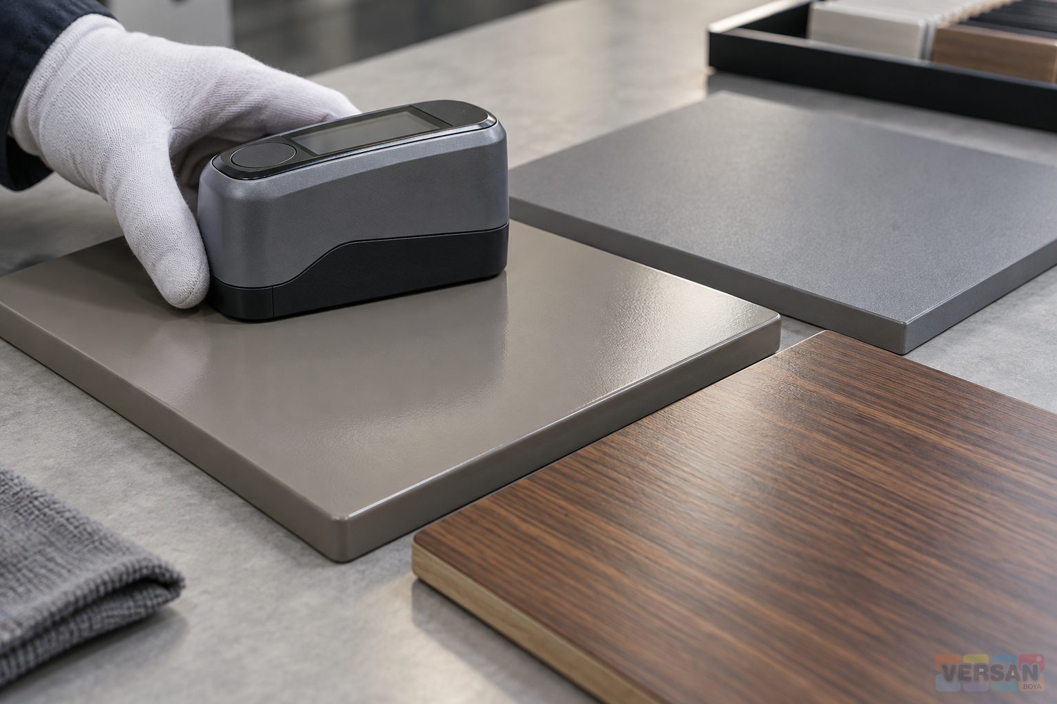 Gloss meter beside coated furniture samples and detailed wood surfaces