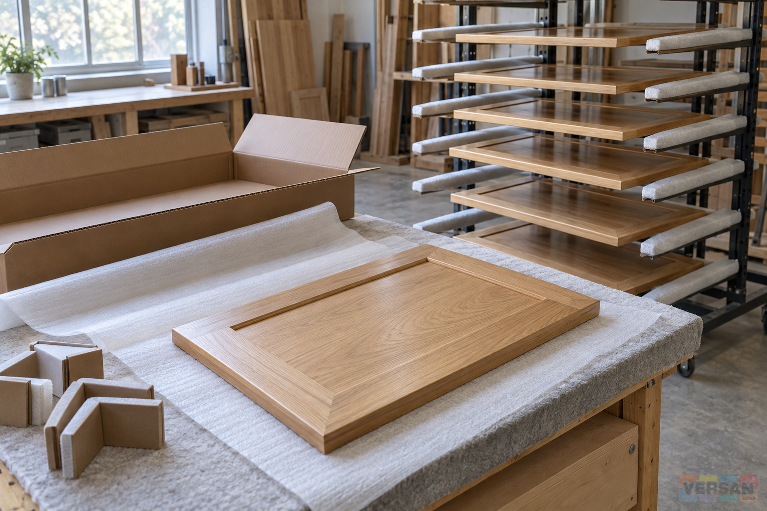 Clear finished timber doors on a spaced rack beside a packing bench with protective materials