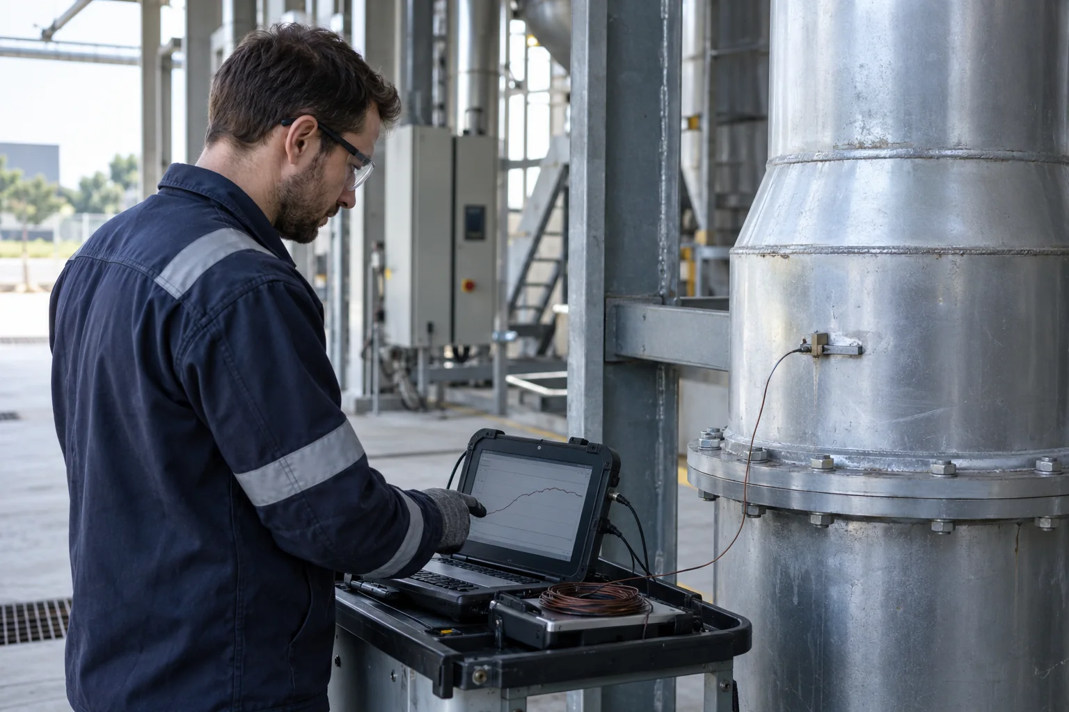 Process engineer reviewing recorded surface temperature on a steel duct during an isolated maintenance shutdown