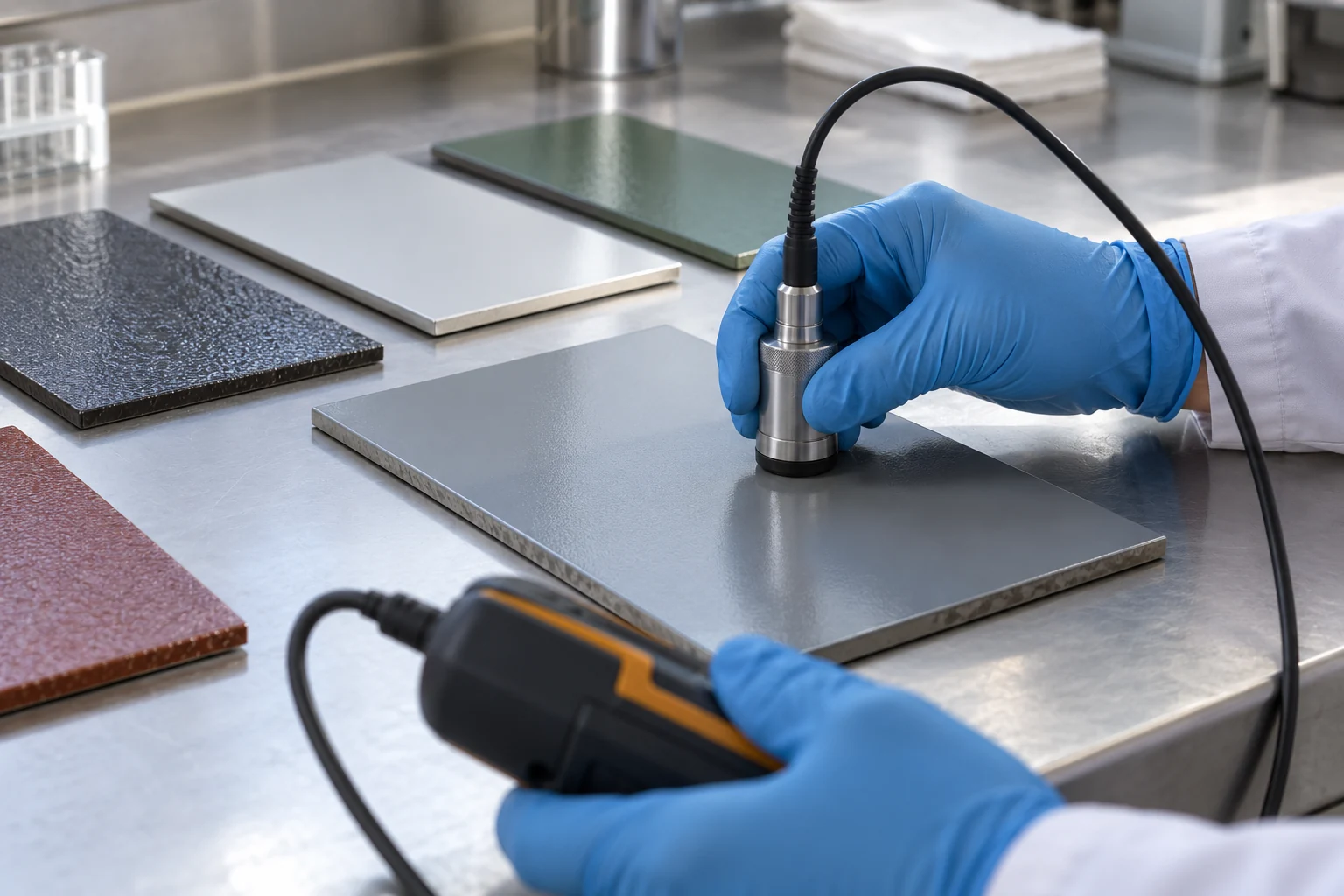Representative dry-film thickness inspection on a coated steel coupon using a handheld probe